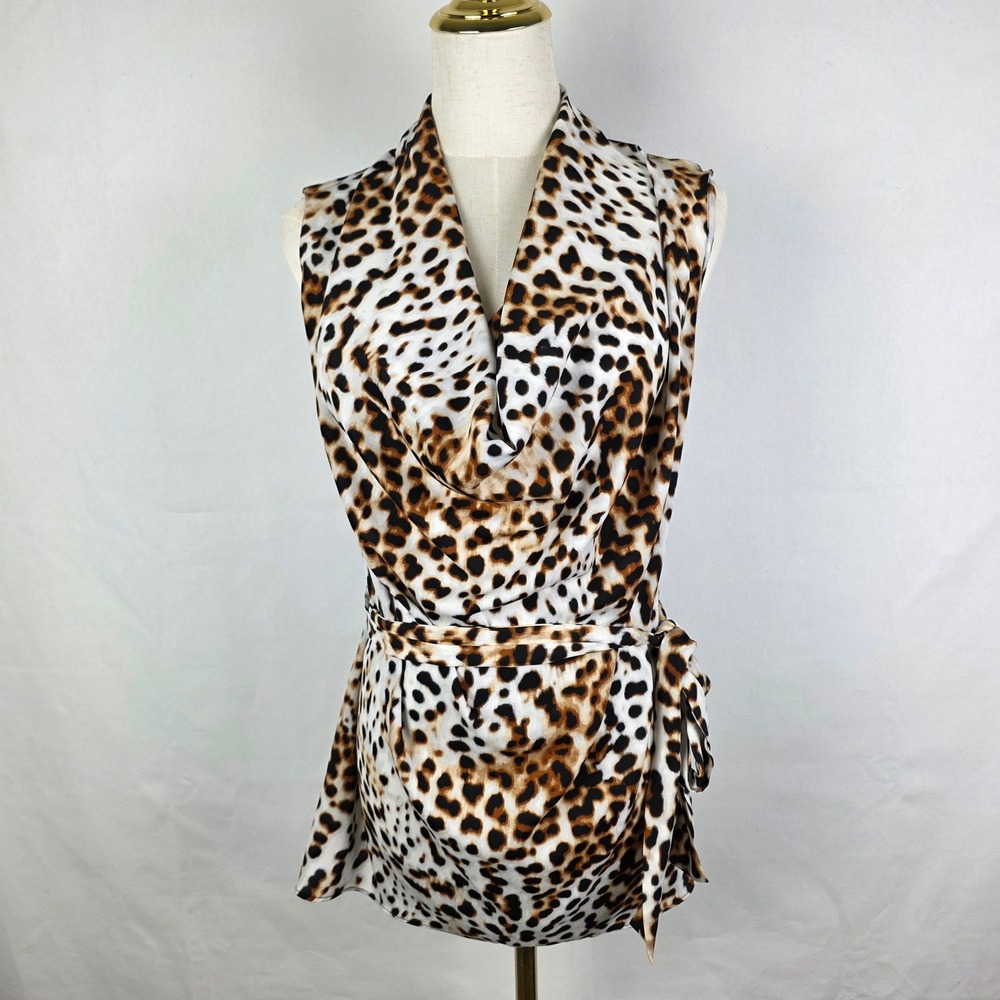 Worthington Womens Leopard Print‎ Cowl Neck Sleeveless Belted Blouse Large Tan
